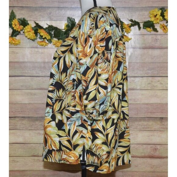 Panama Jack Women's XL Black Yellow Floral Blouse Top Linen Blend Keyhole Neck - Picture 6 of 12